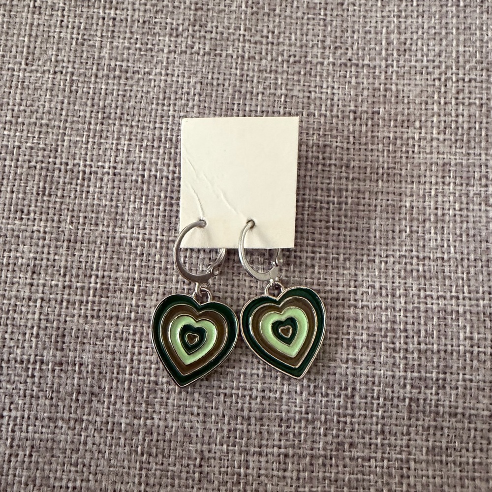 Green Enamel Heart Dangle Earrings | Silver Tone Leverback | Retro Style